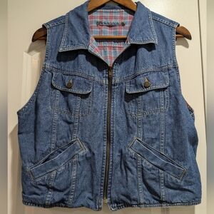Vintage Liz Claiborne Reversible Denim Red Blue Plaid Vest Cropped Zip Sz Large
